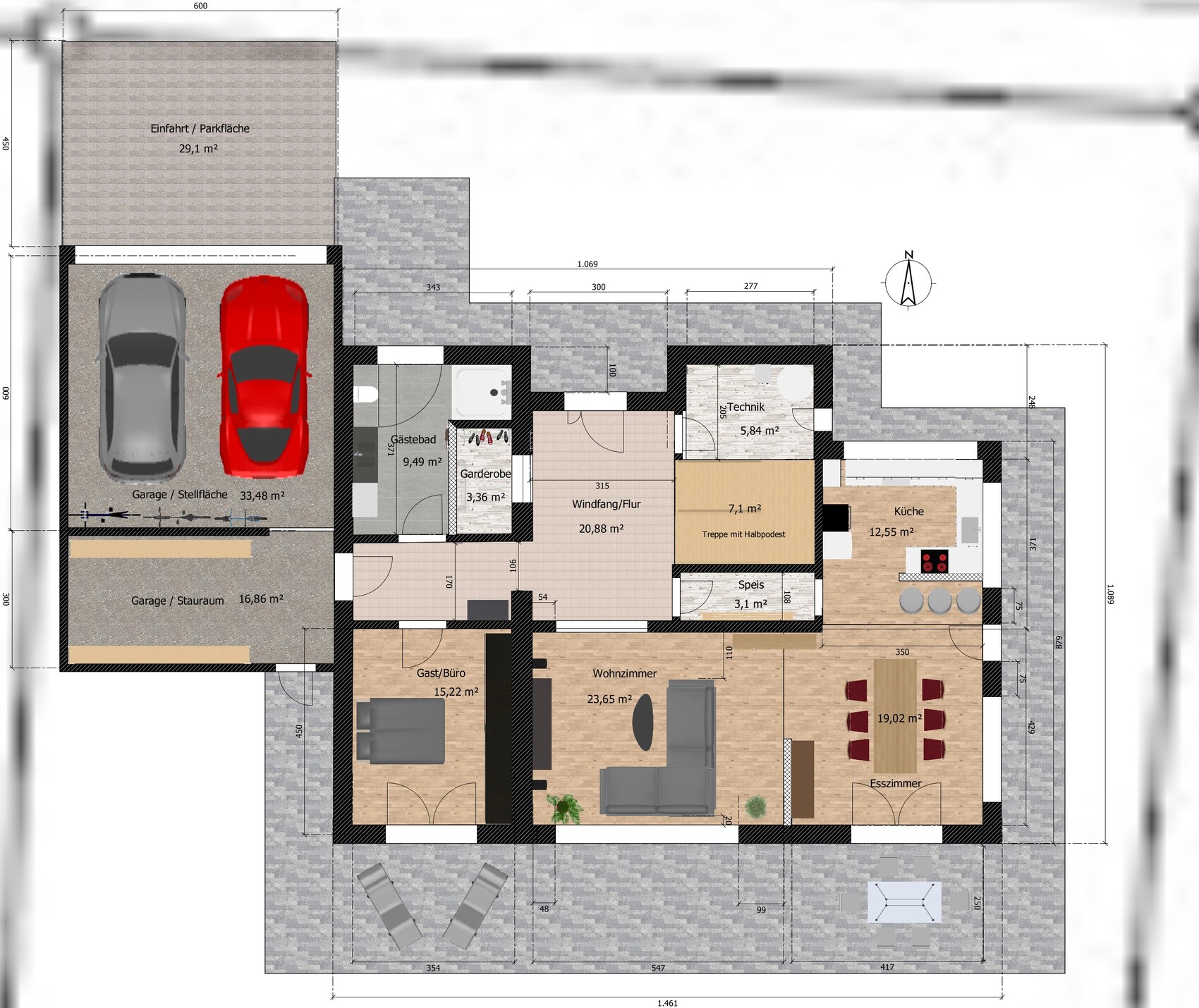 Grundriss eines Hauses mit Garage, Einfahrt, Küche, Wohnzimmer, Esszimmer, Gästezimmer, Bad, Technik.