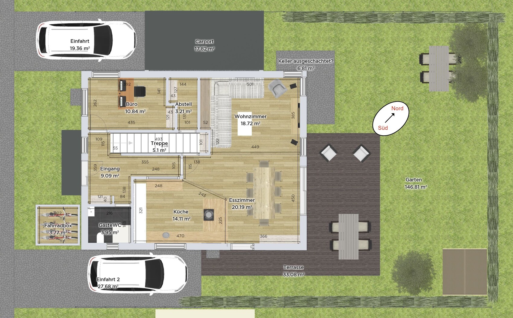Grundriss eines Hauses mit Eingang, Büro, Küche, Esszimmer, Wohnzimmer, Terrasse, Garten, Carport.