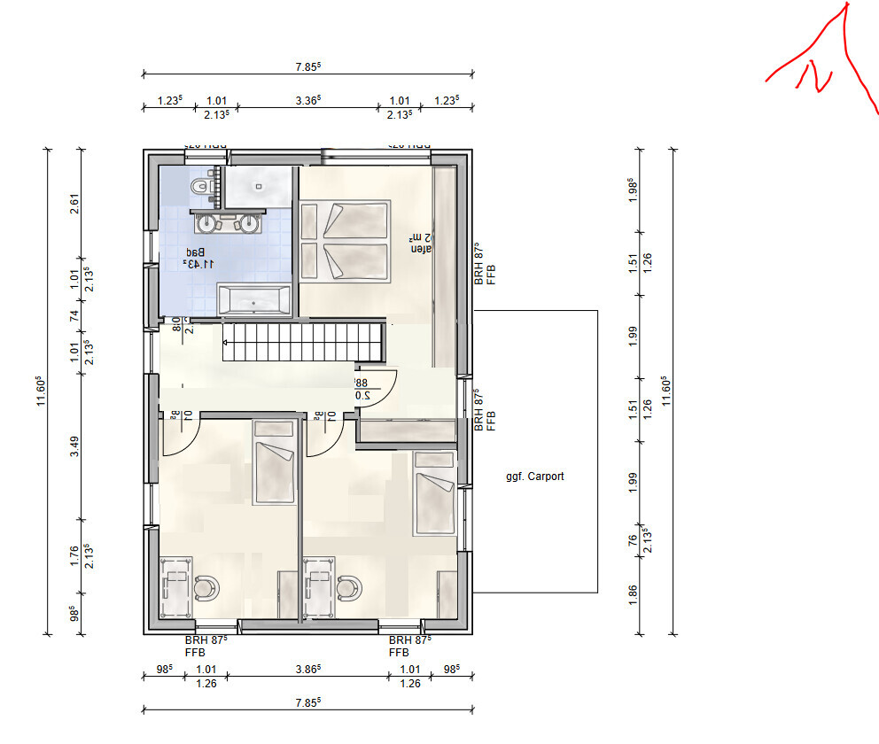 Grundriss eines Hauses mit mehreren Zimmern, Bad, Küche, Treppe und Carport.