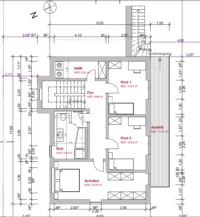 Grundrissplan eines Einfamilienhauses: Flur, Bad, Schlaf- und Kinderzimmer, Terrasse