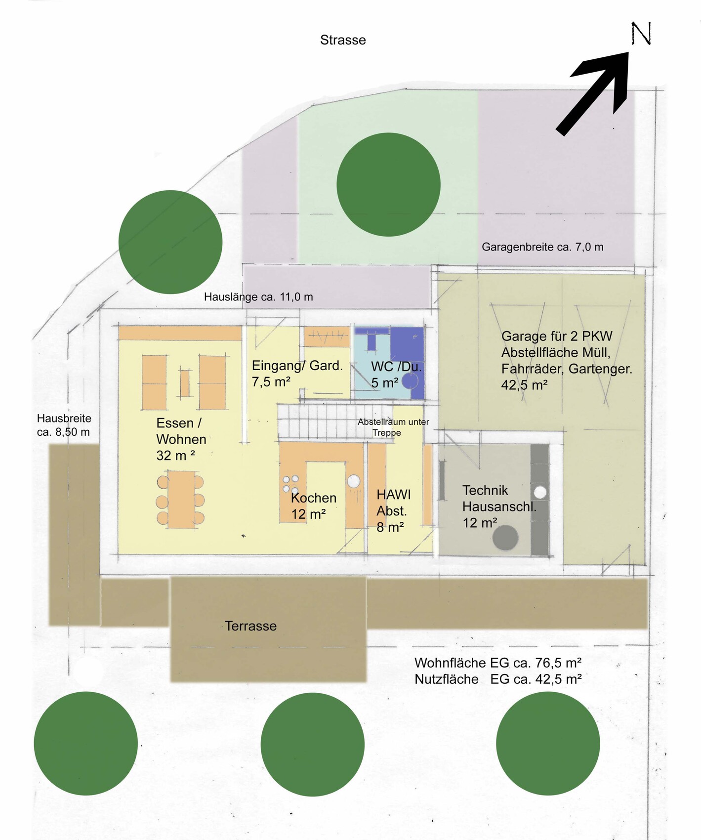 2D-Grundriss eines Einfamilienhauses mit Terrasse, Garten und Garage