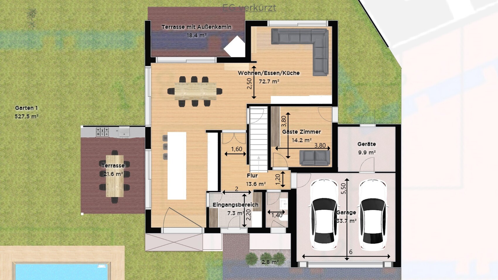 Grundriss eines Einfamilienhauses mit Terrasse, Garten und Garage