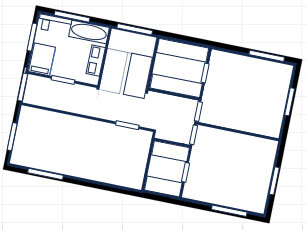 2D-Grundriss eines Hauses mit Bad, Küche, Wohn- und Schlafbereich, klare Innenwandstruktur