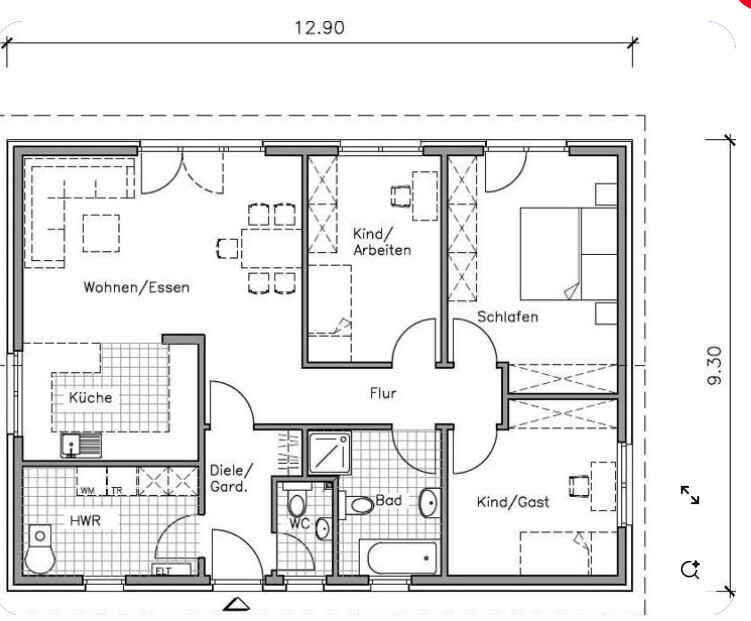 Grundriss eines Hauses: Wohnen/Essen, Küche, Bad, WC, Flur, Diele, Schlafen, Kinder-/Gästezimmer.