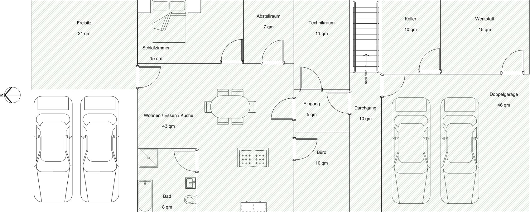 Grundriss eines Hauses: Wohn/Ess/Küche, Schlafzimmer, Bad, Büro, Garage, Freisitz, Abstellräume.