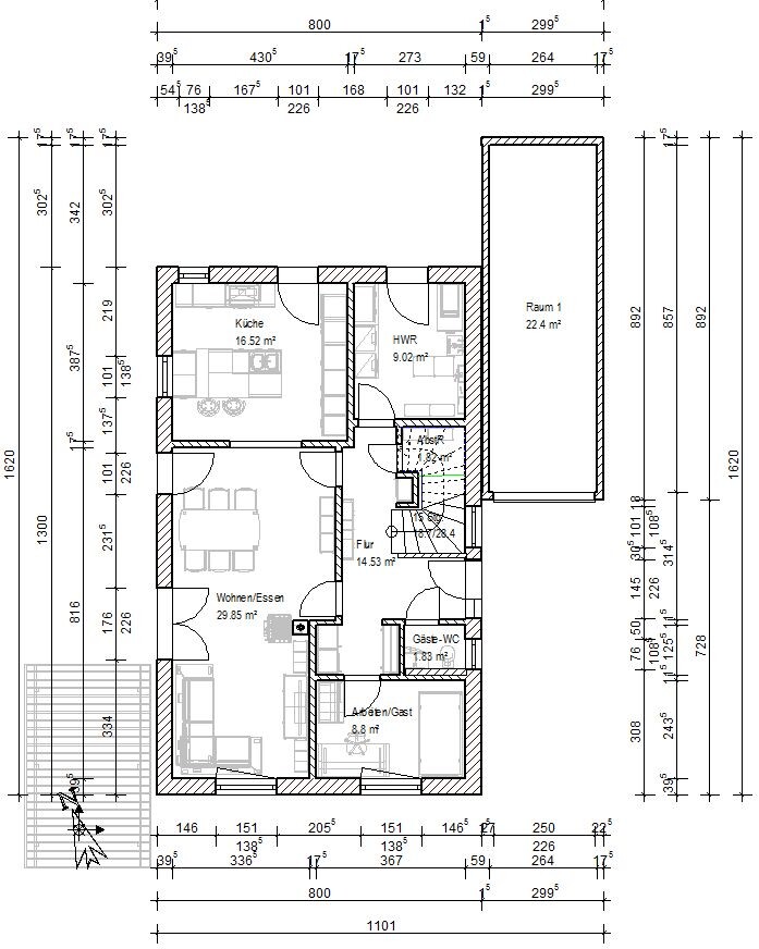 Grundriss eines Wohnhauses: Küche, Wohnen/Essen, Flur, HWR, Gäste-WC, Arbeits-/Gastzimmer.