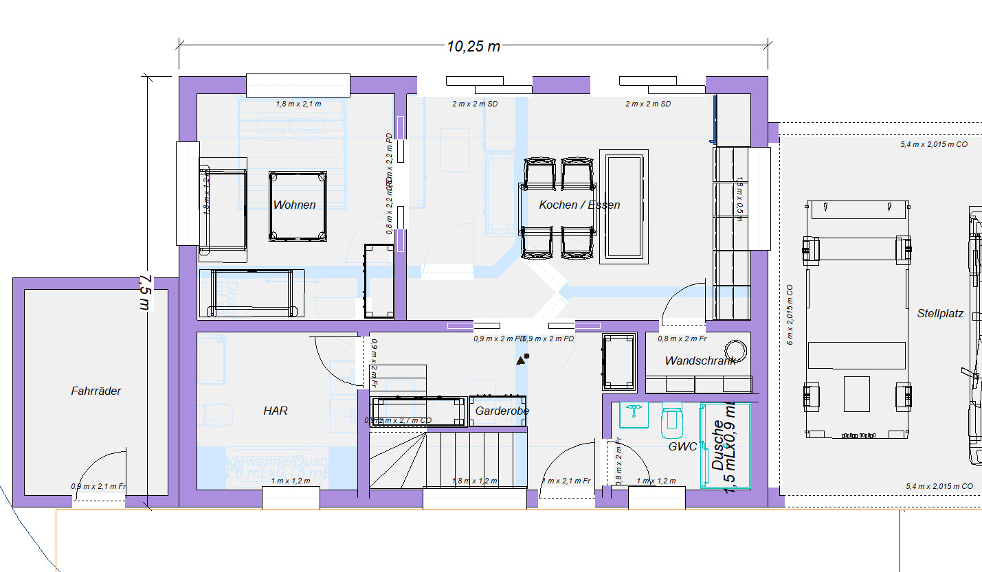 Grundriss eines Hauses: Wohnen, Kochen/Essen, Bad, Garderobe, HAR, Fahrräder, Stellplatz.