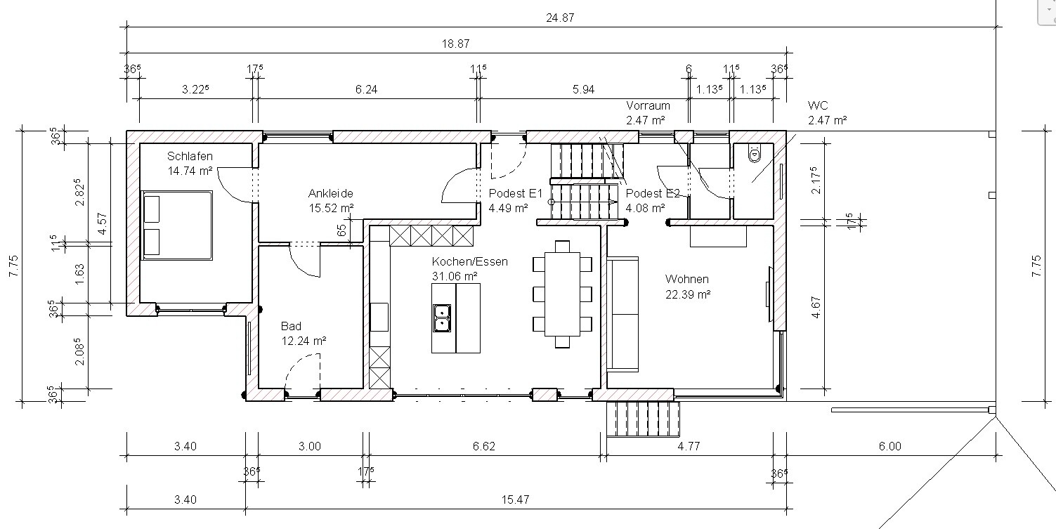 Grundriss eines Hauses mit Schlafen, Ankleide, Bad, Kochen/Essen, Wohnen, WC und Treppe.