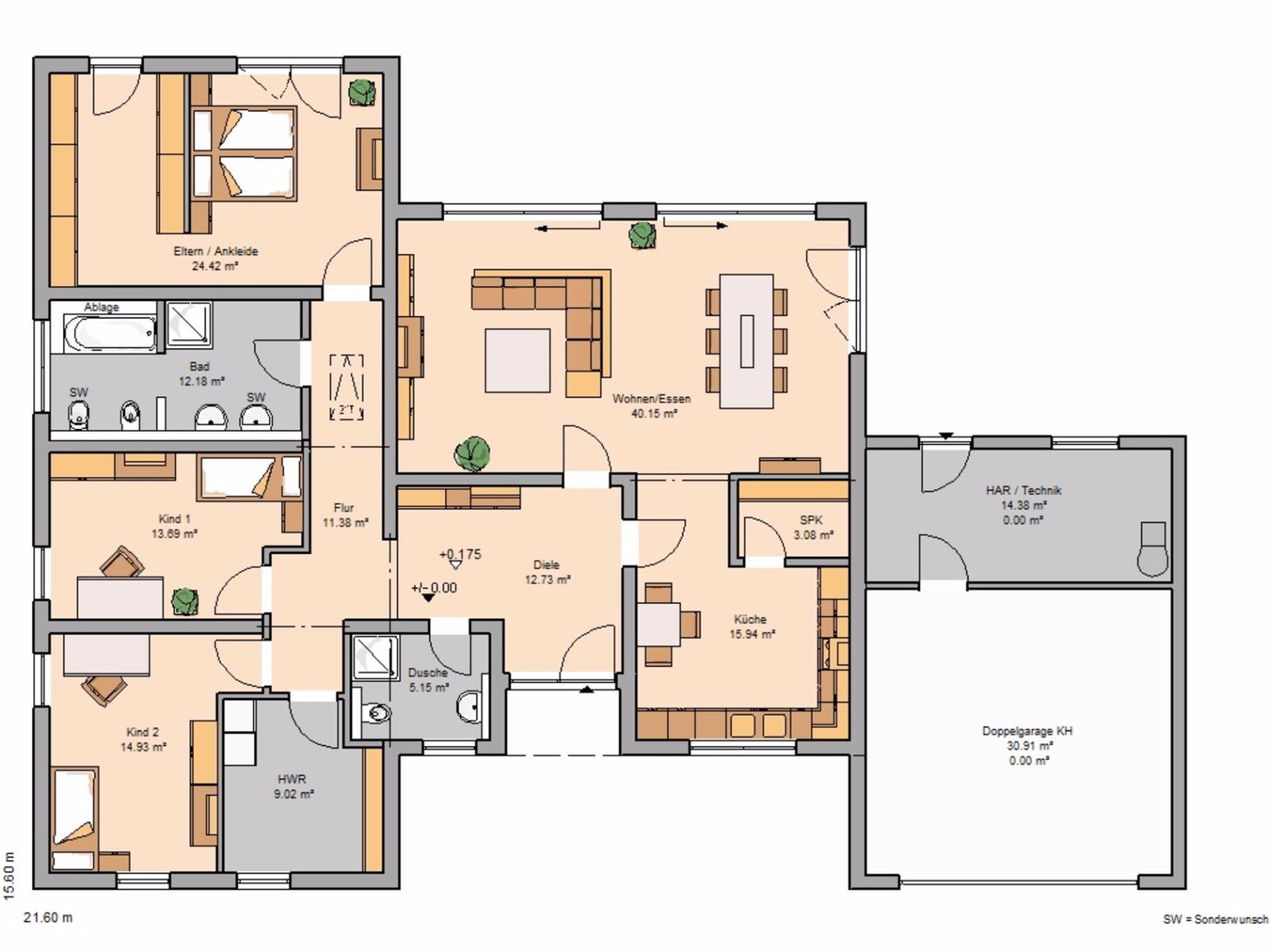2D-Grundriss eines Einfamilienhauses mit Wohnzimmer, Küche, Schlafzimmer, Bad und Garage
