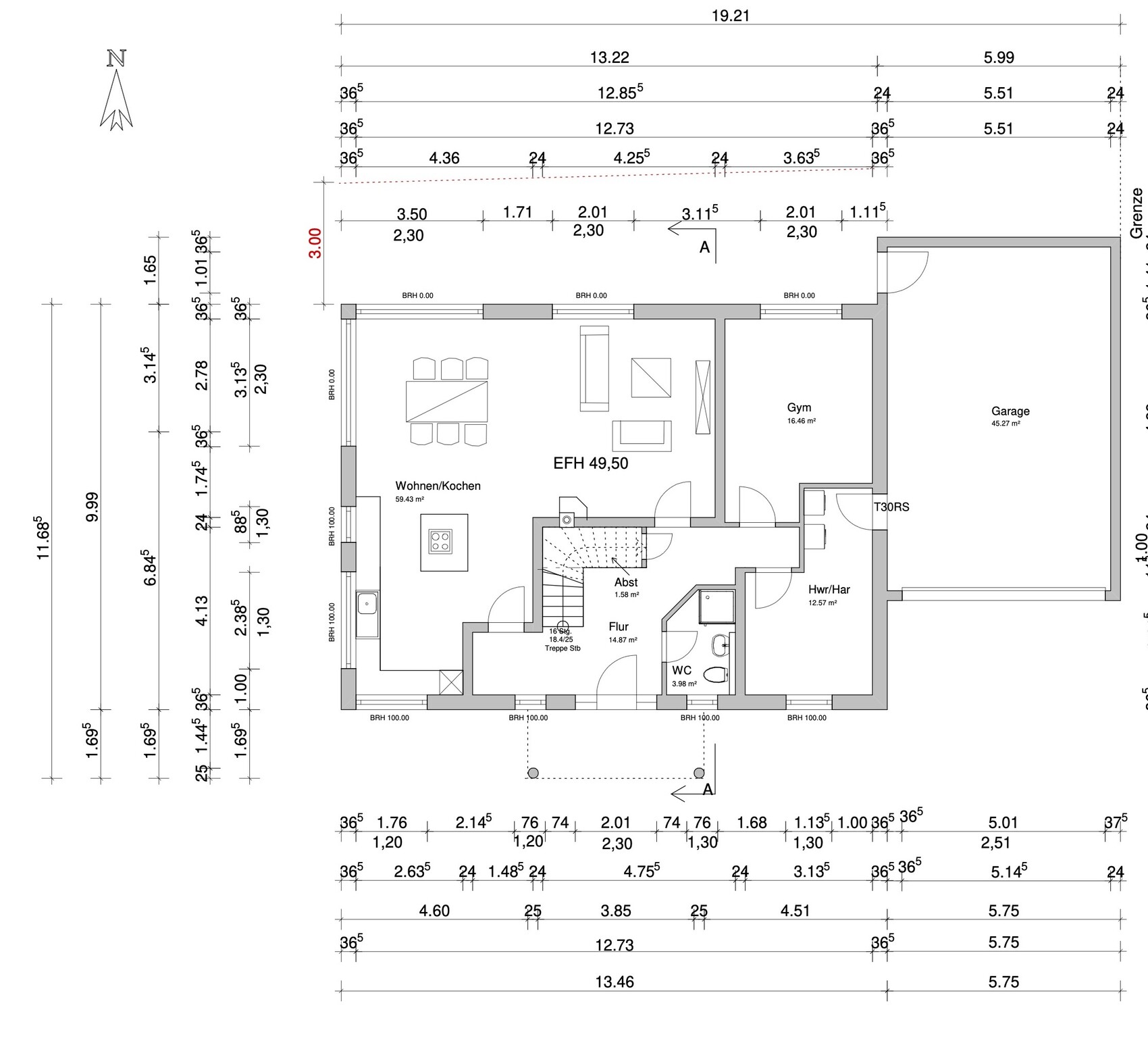 2D-Grundriss eines Einfamilienhauses mit Wohnbereich, Küche, Flur und Garage