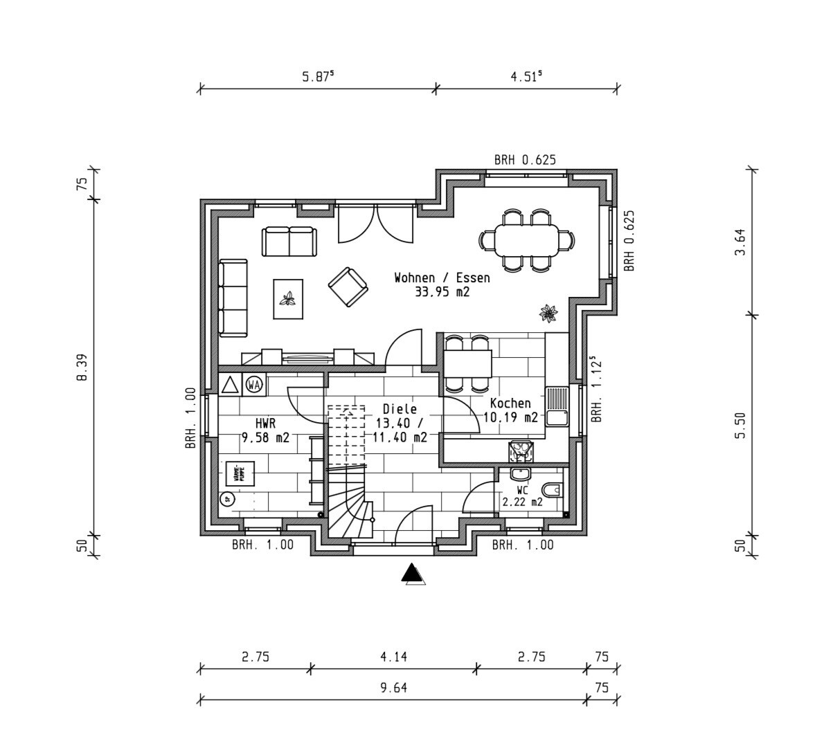 Grundriss eines Einfamilienhauses mit Wohn- und Essbereich, Küche, Diele, WC und HWR.