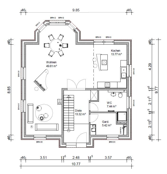Grundrissplan eines Einfamilienhauses mit Wohnzimmer, Küche, Diele und WC