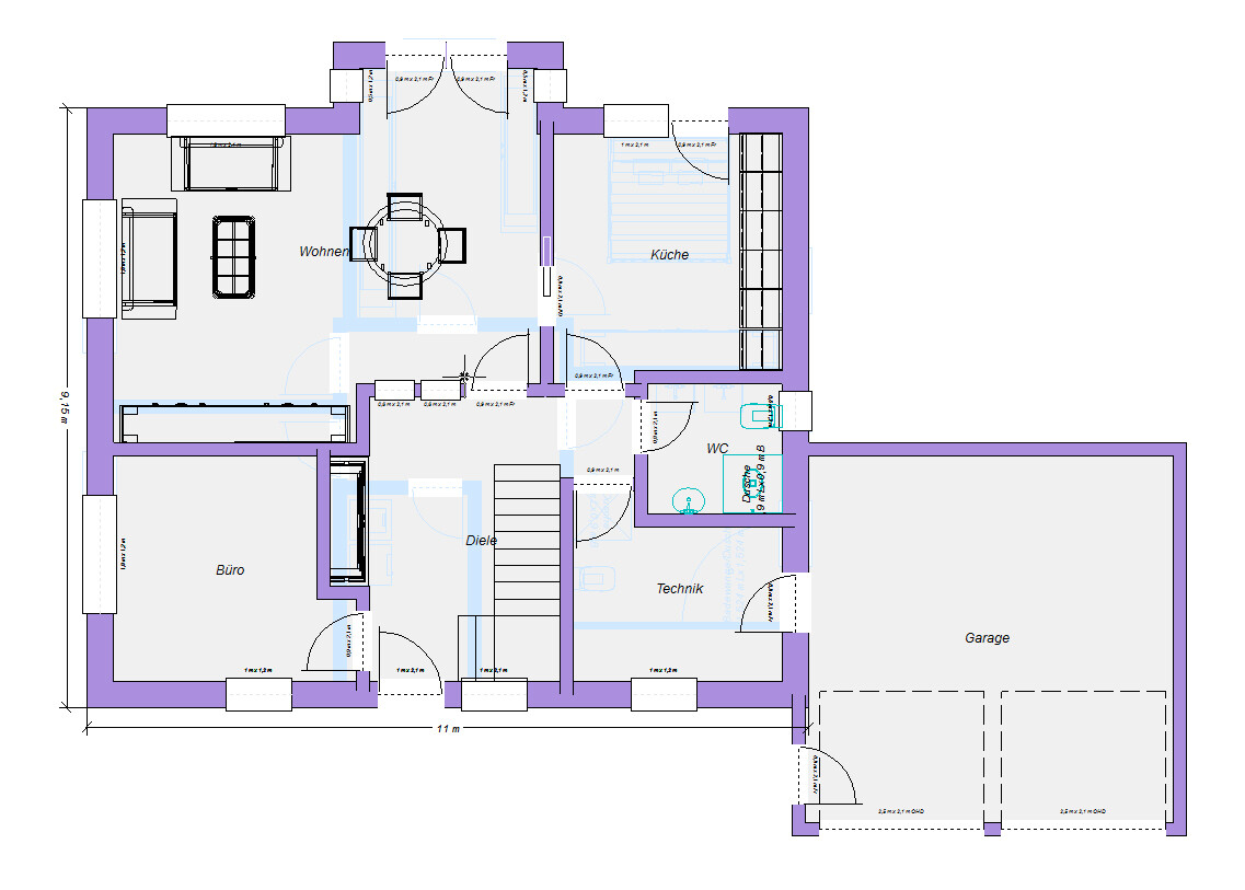 Grundriss eines Hauses mit Wohnen, Küche, Büro, Diele, Technik, WC und Garage.