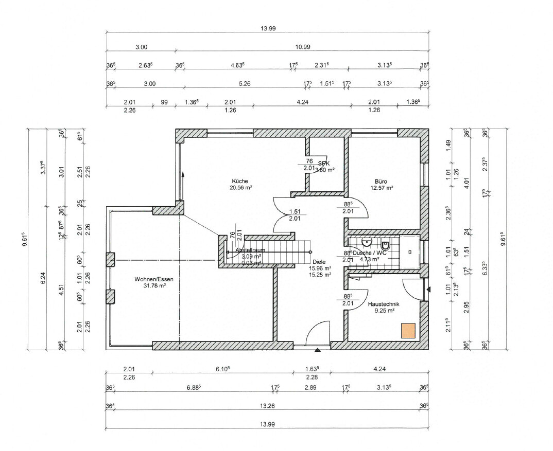 Grundriss eines Hauses: Küche, Wohnen/Essen, Büro, Diele, Dusche/WC, Haustechnik, Abstellraum