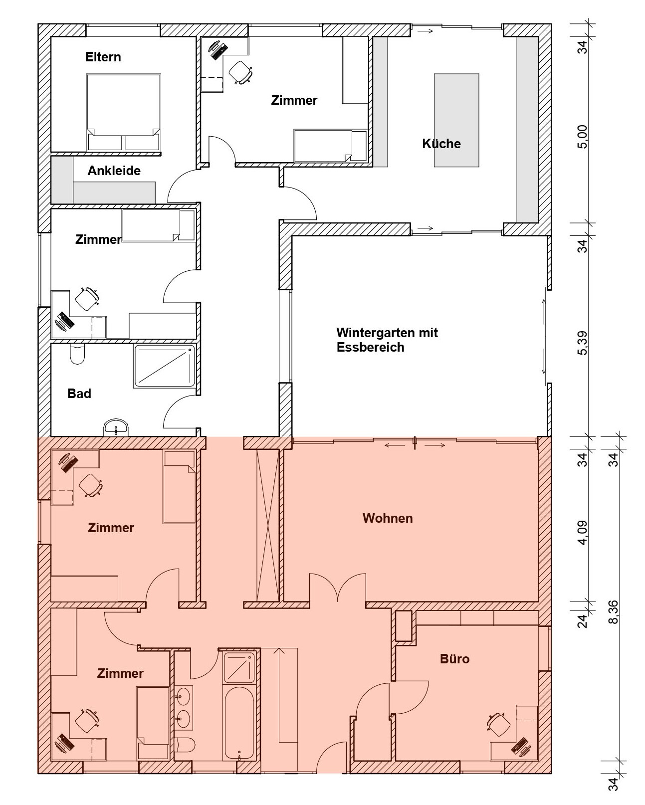 Grundriss eines Einfamilienhauses mit Wohnbereich, Küche, Schlafzimmer und Wintergarten