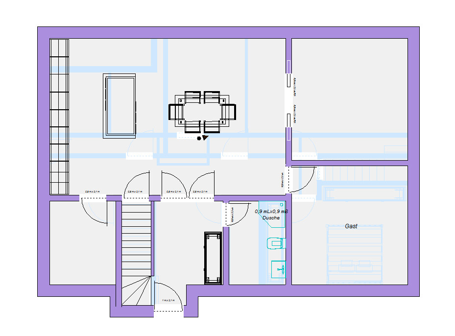 Grundriss: Treppe links, Essecke mittig, Gästezimmer rechts, Bad mit Dusche, violetter Rahmen.