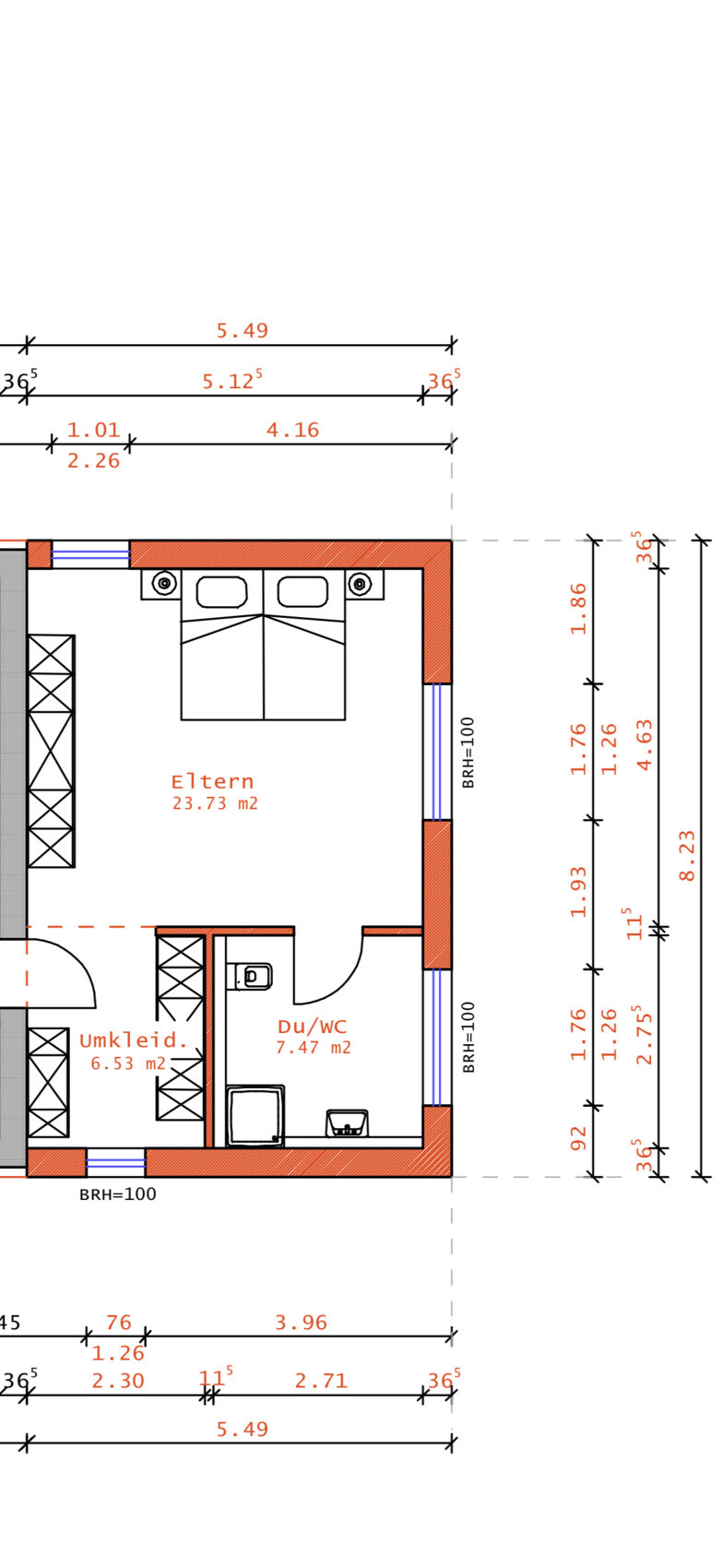 Grundriss: Elternzimmer mit Bett, Ankleide und Du/WC.