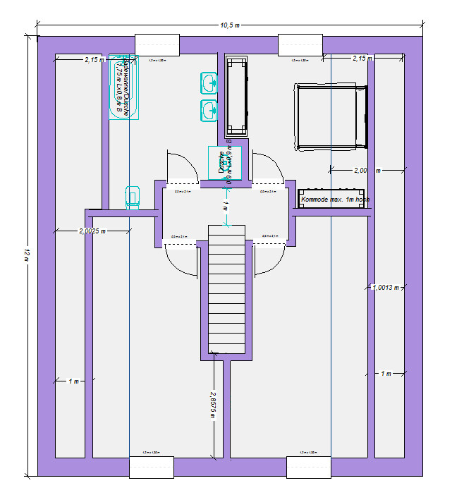 Grundriss eines Hauses: Treppe in der Mitte, Schlafzimmer rechts, Bad links, Flure.