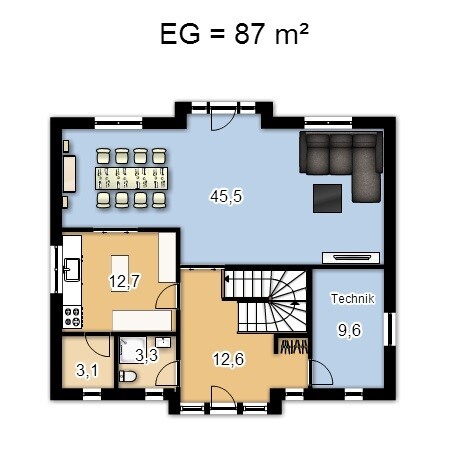 Erdgeschoss Grundriss mit Wohnzimmer, Küche, Bad und Treppe auf 87 m²