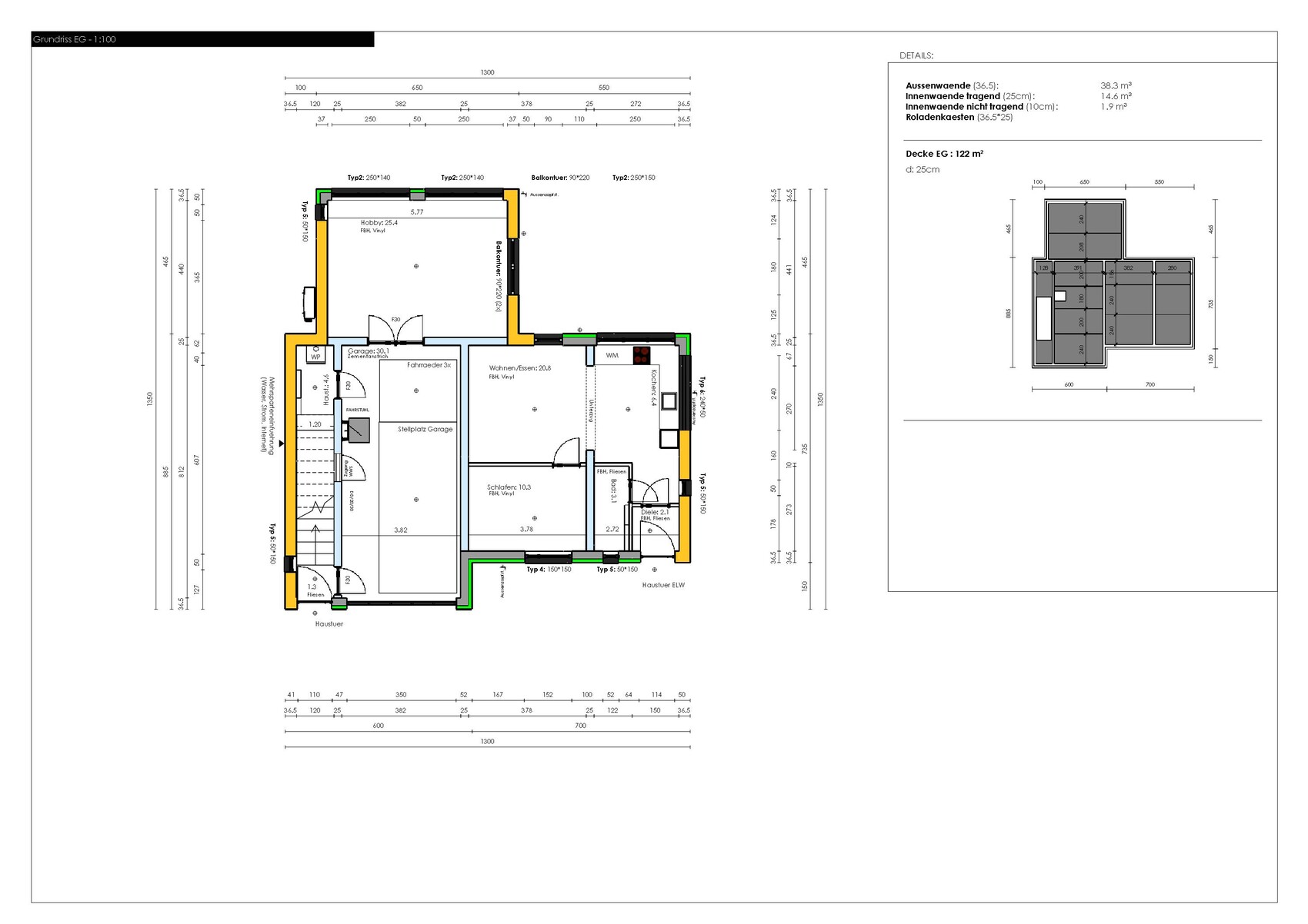 Grundriss-EG Bauplan mit Raumaufteilung, Türen und Maßen
