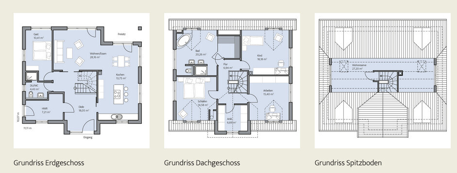 Drei Grundrisse: Erdgeschoss, Dachgeschoss und Spitzboden mit Zimmern, Türen und Möbeln.