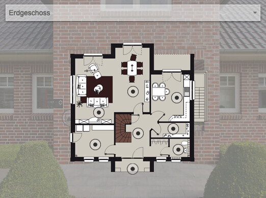 Grundriss Erdgeschoss eines Hauses mit Wohnzimmer, Küche, Essbereich, Bad, Flur, Treppe.