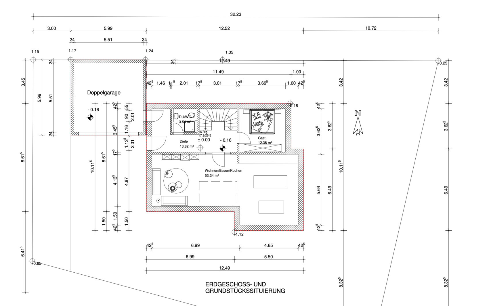 Grundriss eines Hauses: Doppelgarage, Diele, Du/WC, Gastzimmer, Wohn/Essen/Kochen, Nordpfeil