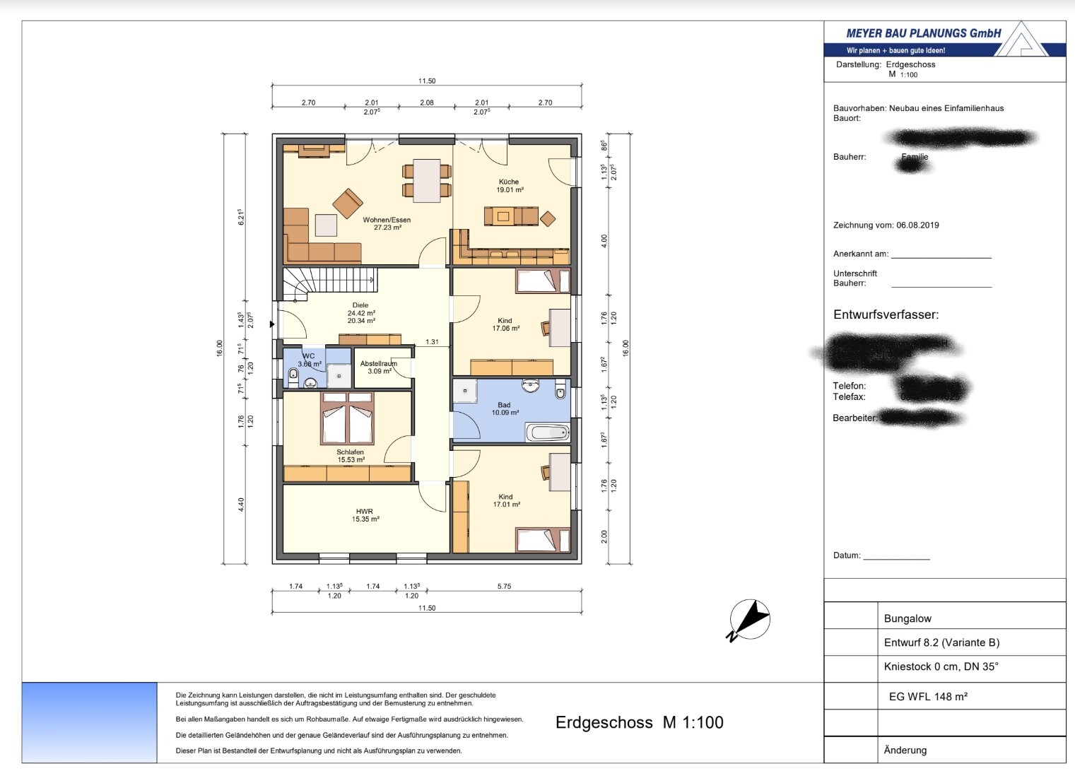 Erdgeschoss-Grundriss: Wohnzimmer, Küche, Bad, Schlafen, HWR, Abstellraum, zwei Kinderzimmer.