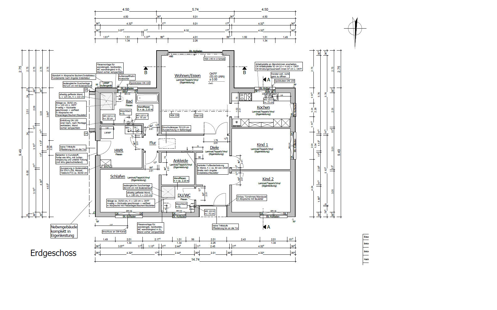 Grundriss Erdgeschoss: Wohnen/Essen, Küche, Flur, Schlafen, Kind 1+2, Bad, DU/WC, HWR.