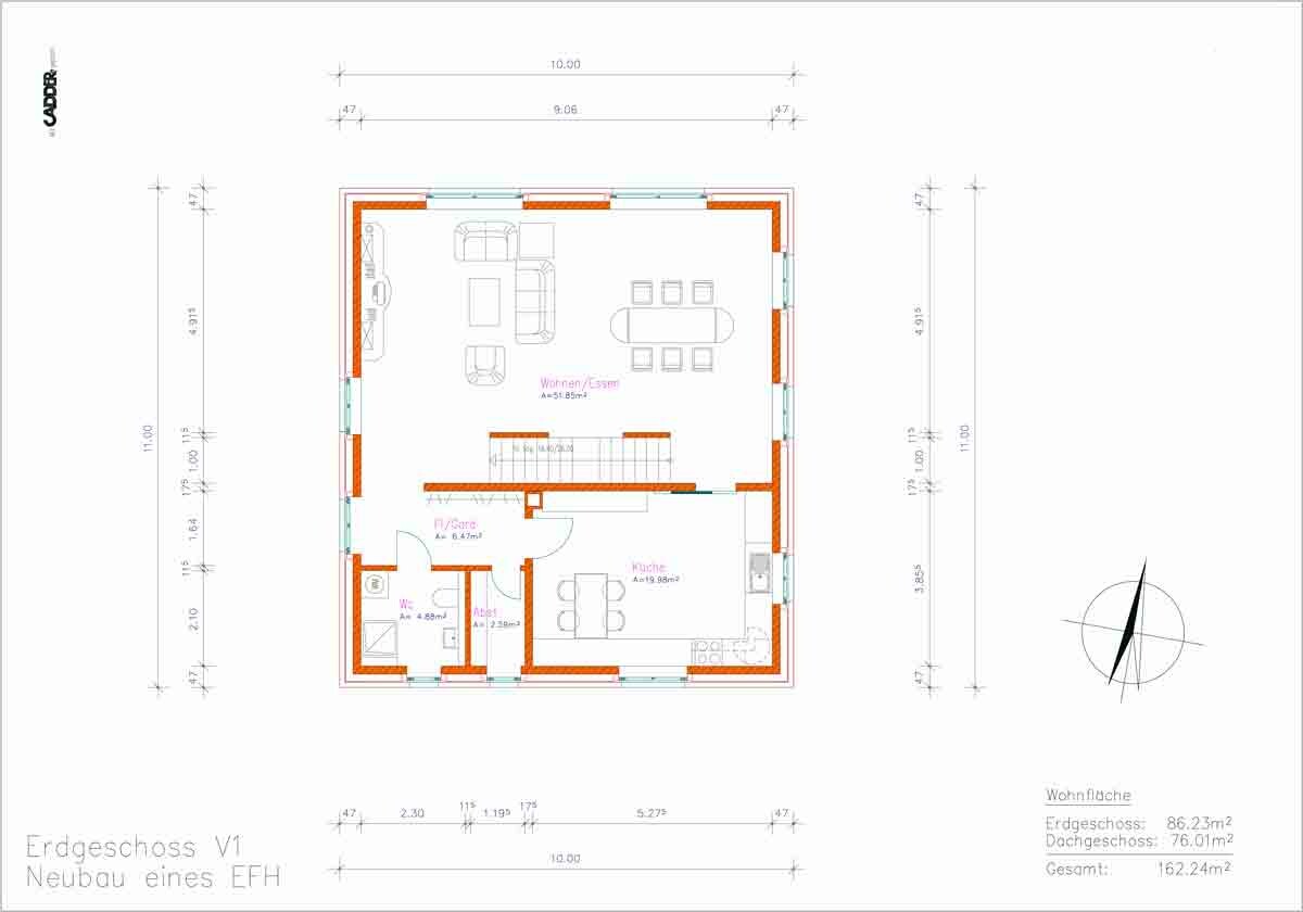 Grundriss Erdgeschoss eines Einfamilienhauses mit Wohnzimmer, Küche und Essbereich