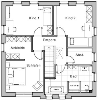 Grundriss eines Hauses: Erdgeschoss mit zwei Kinderzimmern, Schlafzimmer, Ankleide und Bad