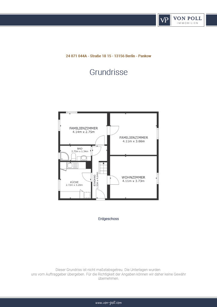 Grundriss des Erdgeschosses: Küche, Bad, Flur, zwei Familienzimmer und Wohnzimmer.