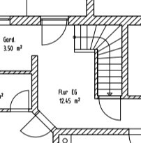 2D-Grundriss des Erdgeschosses mit Flur und Treppenaufgang