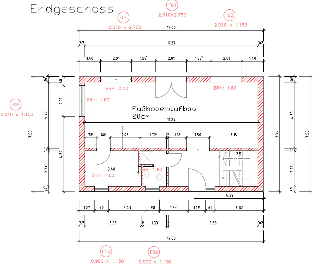 Grundriss Erdgeschoss mit Maßlinien, rote Außenwand, Türen und Treppen.