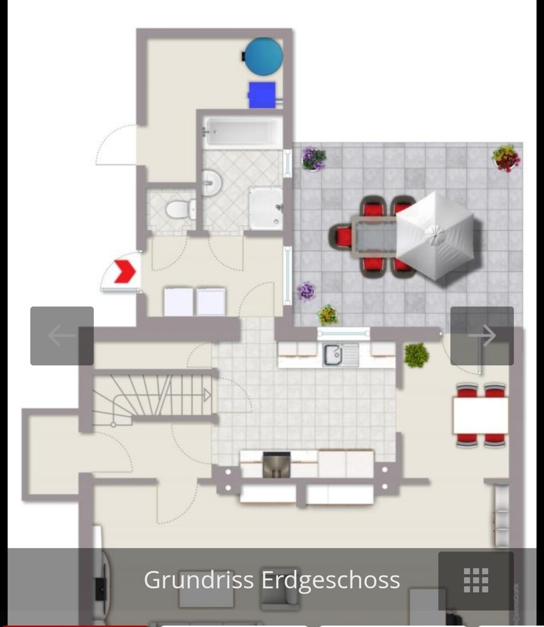 Grundriss Erdgeschoss: Küche, Bad, Wohnzimmer, Essbereich und Terrasse.