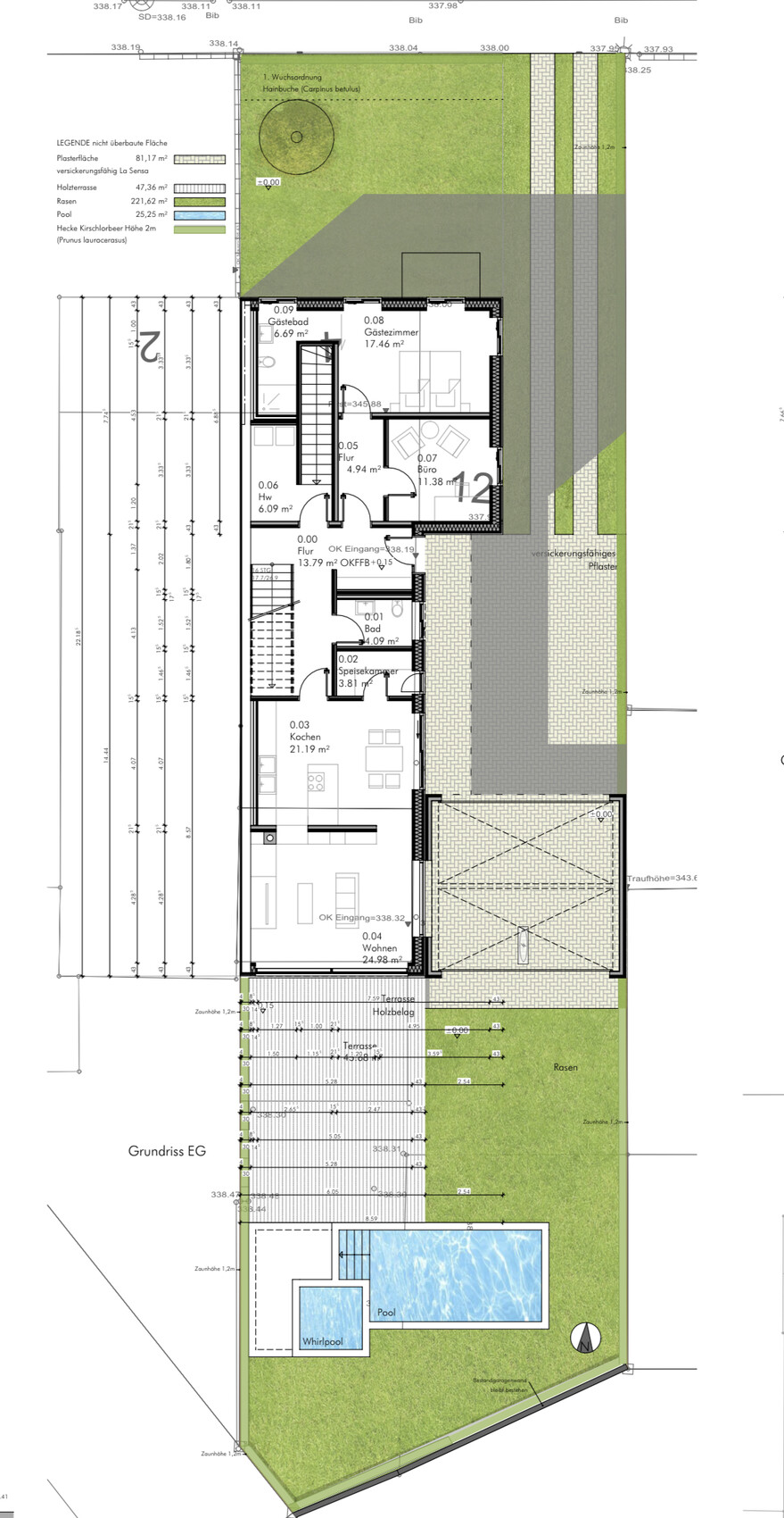 Grundriss EG: Wohnzimmer, Küche, Flur, Bad, Büro, Gästezimmer; Terrasse, Garten und Pool.