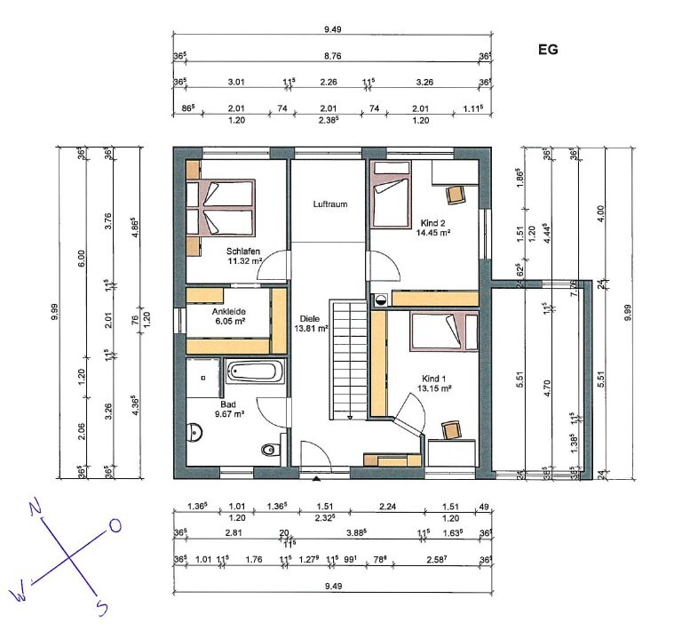 Grundriss EG eines Hauses: Schlafzimmer, Ankleide, Bad, Diele, Luftraum, zwei Kinderzimmer, Treppe