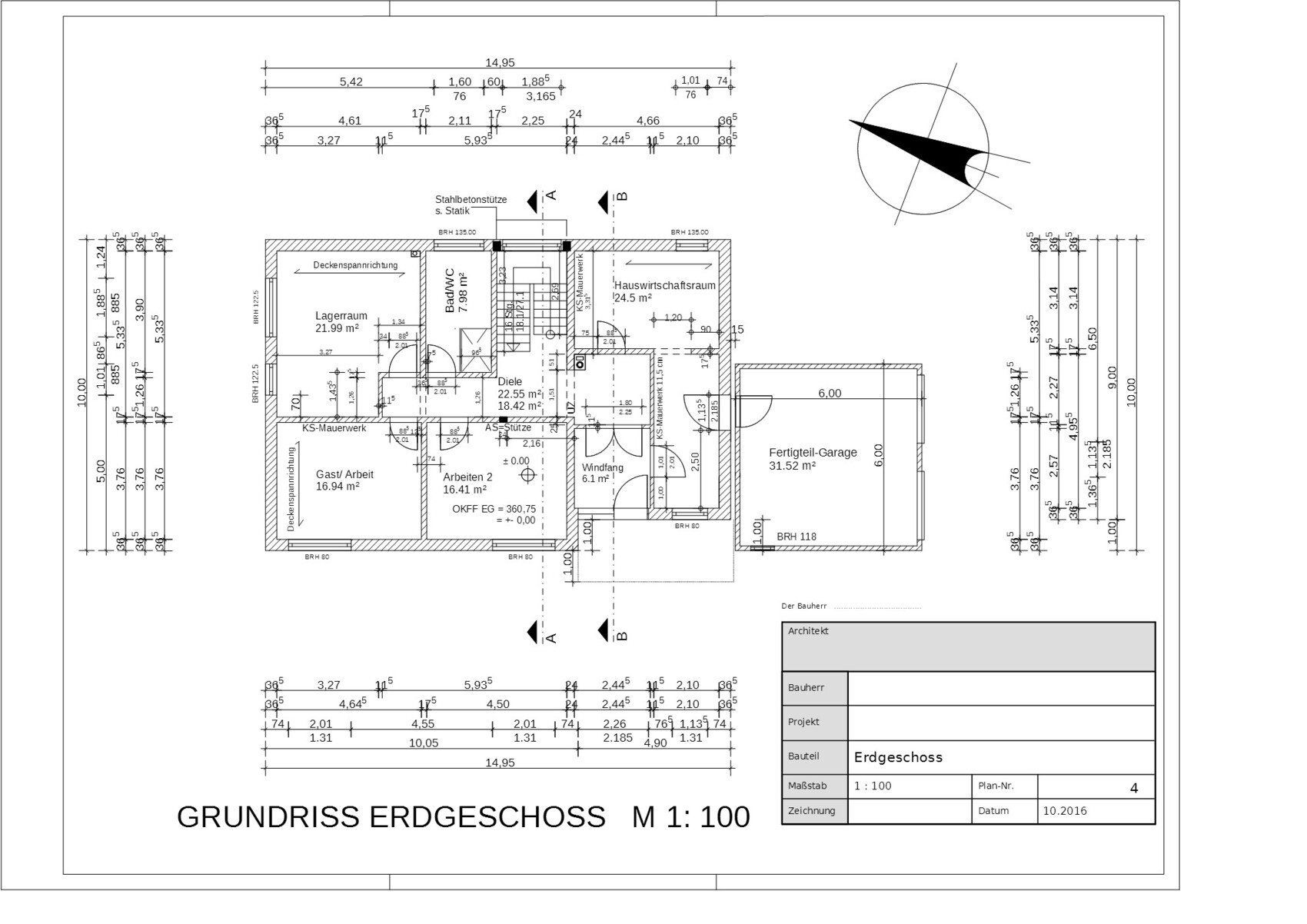 Detaillierter Grundriss des Erdgeschosses eines Hauses mit Zimmeraufteilung, Türen und Maßen