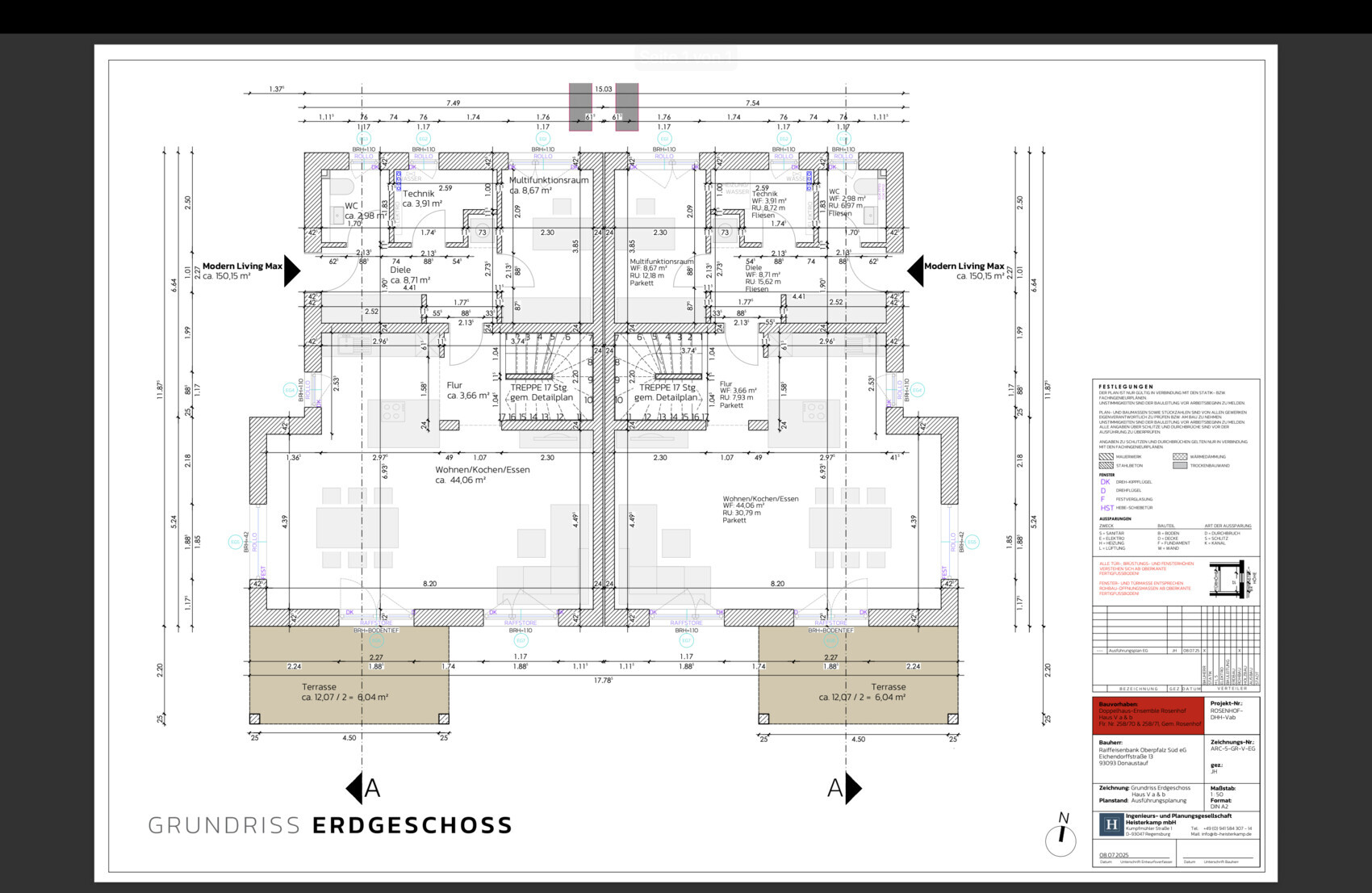 Grundriss Erdgeschoss eines Doppelhauses mit Terrassen und Innenräumen