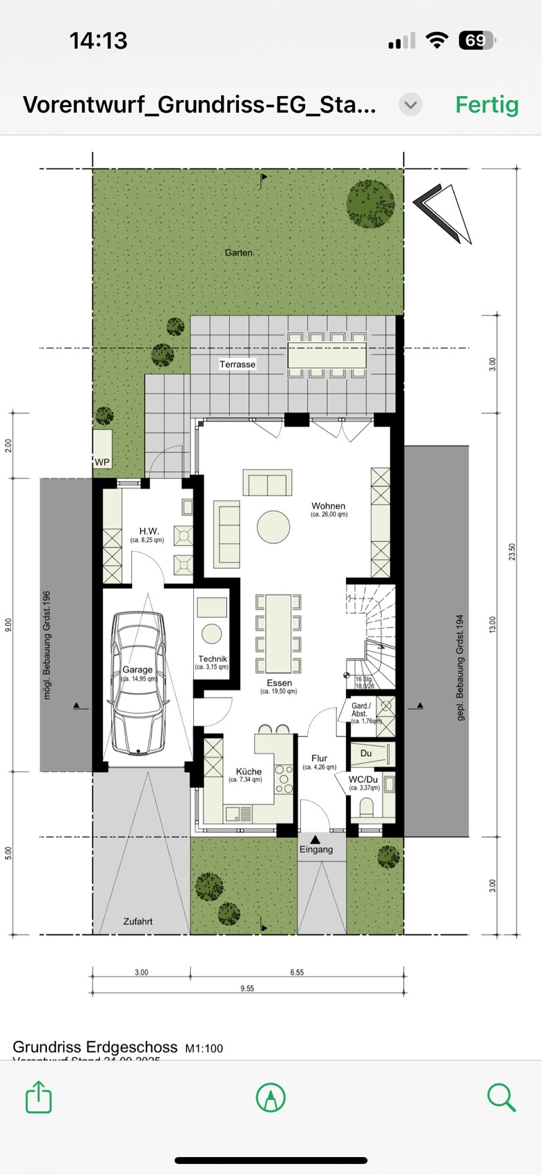 Grundriss Erdgeschossplan mit Terrasse, Garten und Eingang