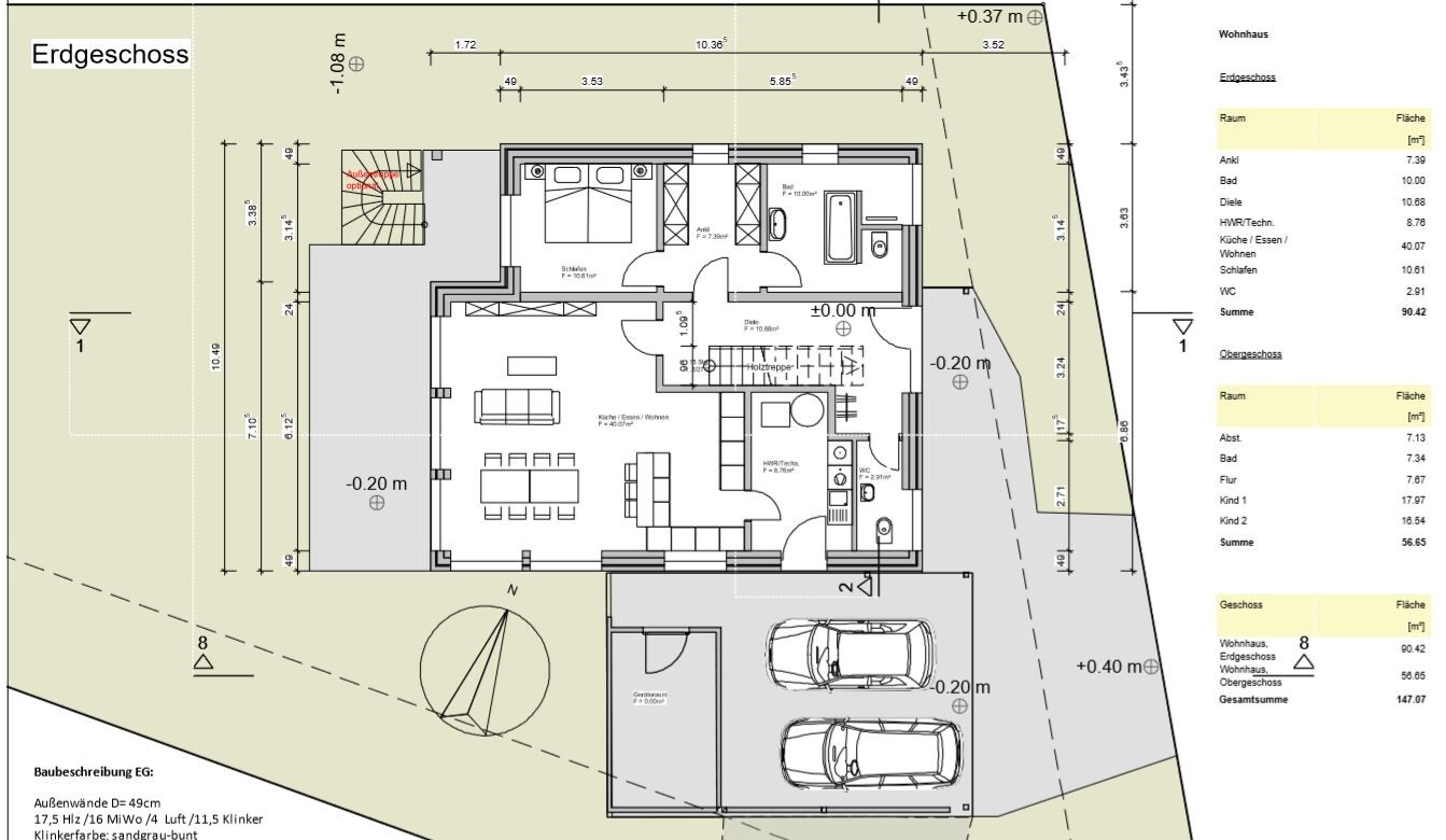 Grundriss des Erdgeschosses: Wohnzimmer, Küche, Bad, Schlafzimmer, Treppe, Doppelgarage und Garten.