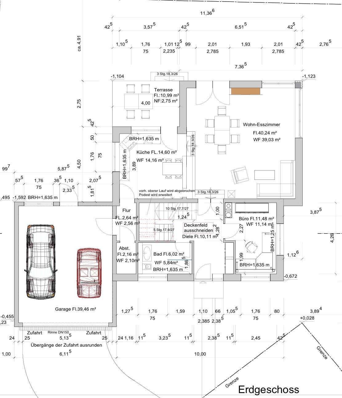 Grundriss-Erdgeschoss eines Hauses mit Küche, Wohnzimmer, Bad, Büro und Garage.