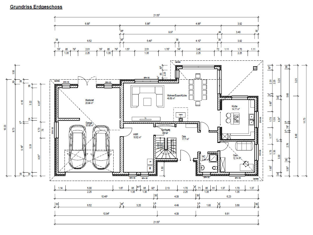 Grundriss Erdgeschoss: Wohn-/Essbereich, Küche, Garage, Werkstatt, Diele, Gäste-WC.
