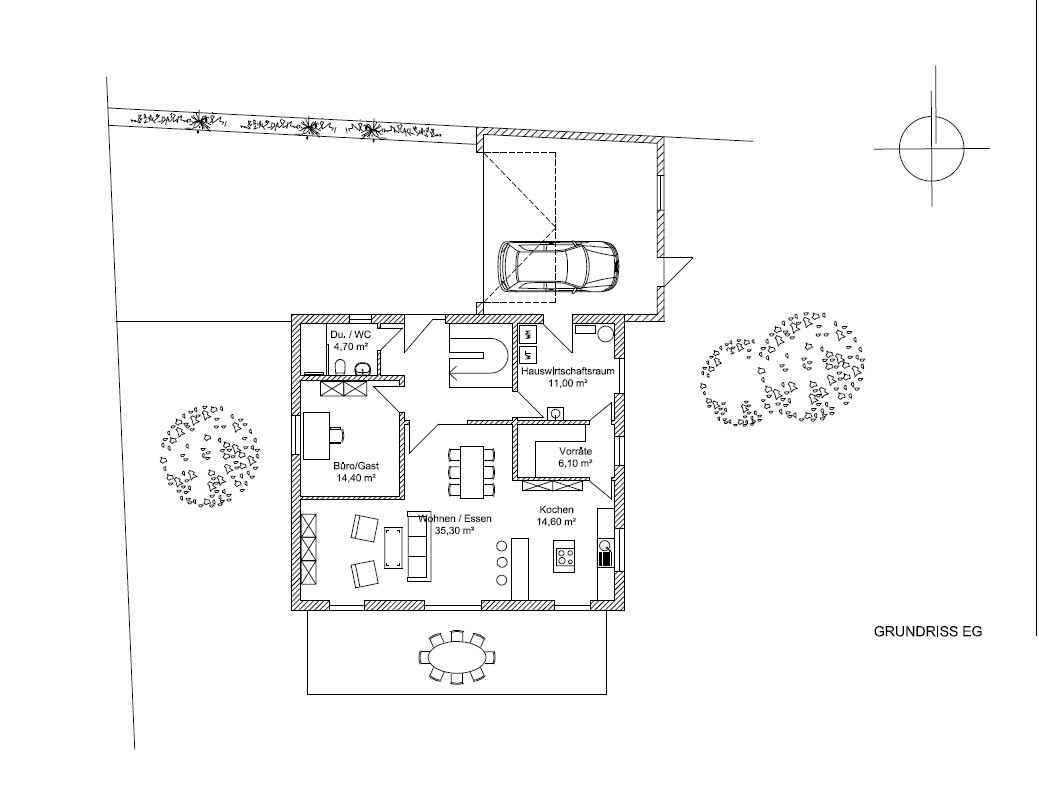 Grundriss EG: Wohnen/Essen, Küche, Büro/Gast, Dusche/WC, Vorrat, Hauswirtschaftsraum, Garage