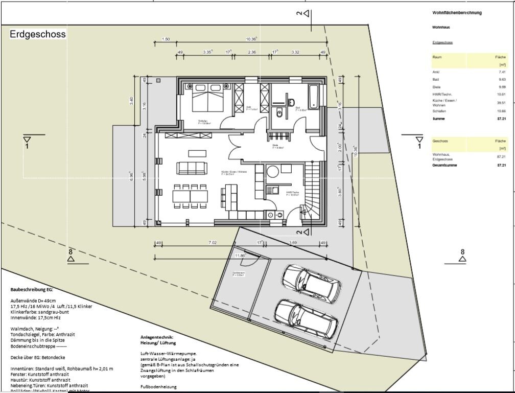 Grundriss des Erdgeschosses eines Hauses mit Doppelgarage, Terrasse und Garten.