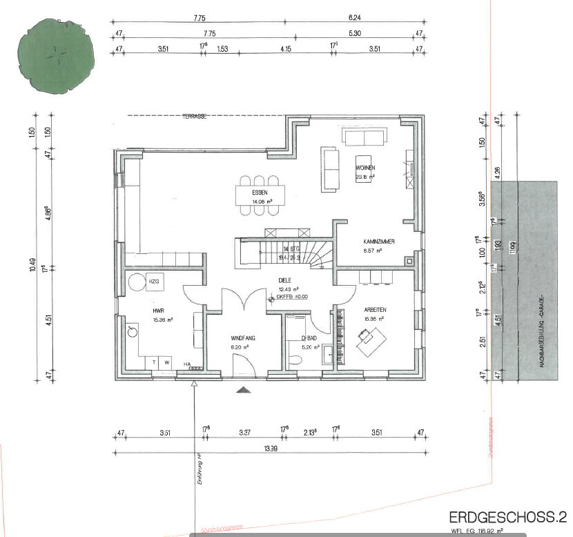 Grundriss Erdgeschoss: Wohnen, Essen, Kaminzimmer, Diele, Arbeitszimmer, Windfang, Bad, HWR.