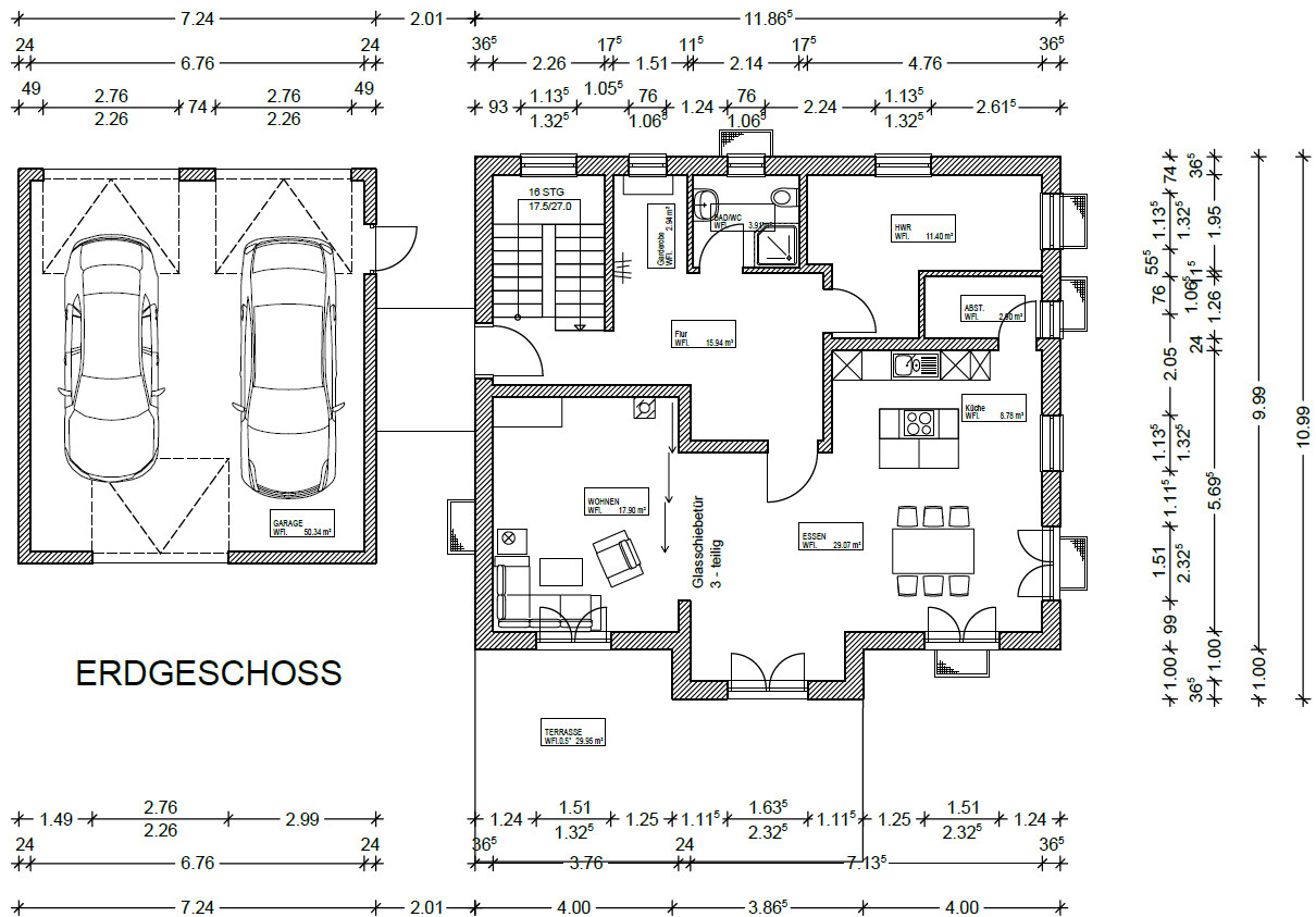 Grundrissplan Erdgeschoss mit Garage, Wohnraum, Essbereich, Küche und Terrasse.