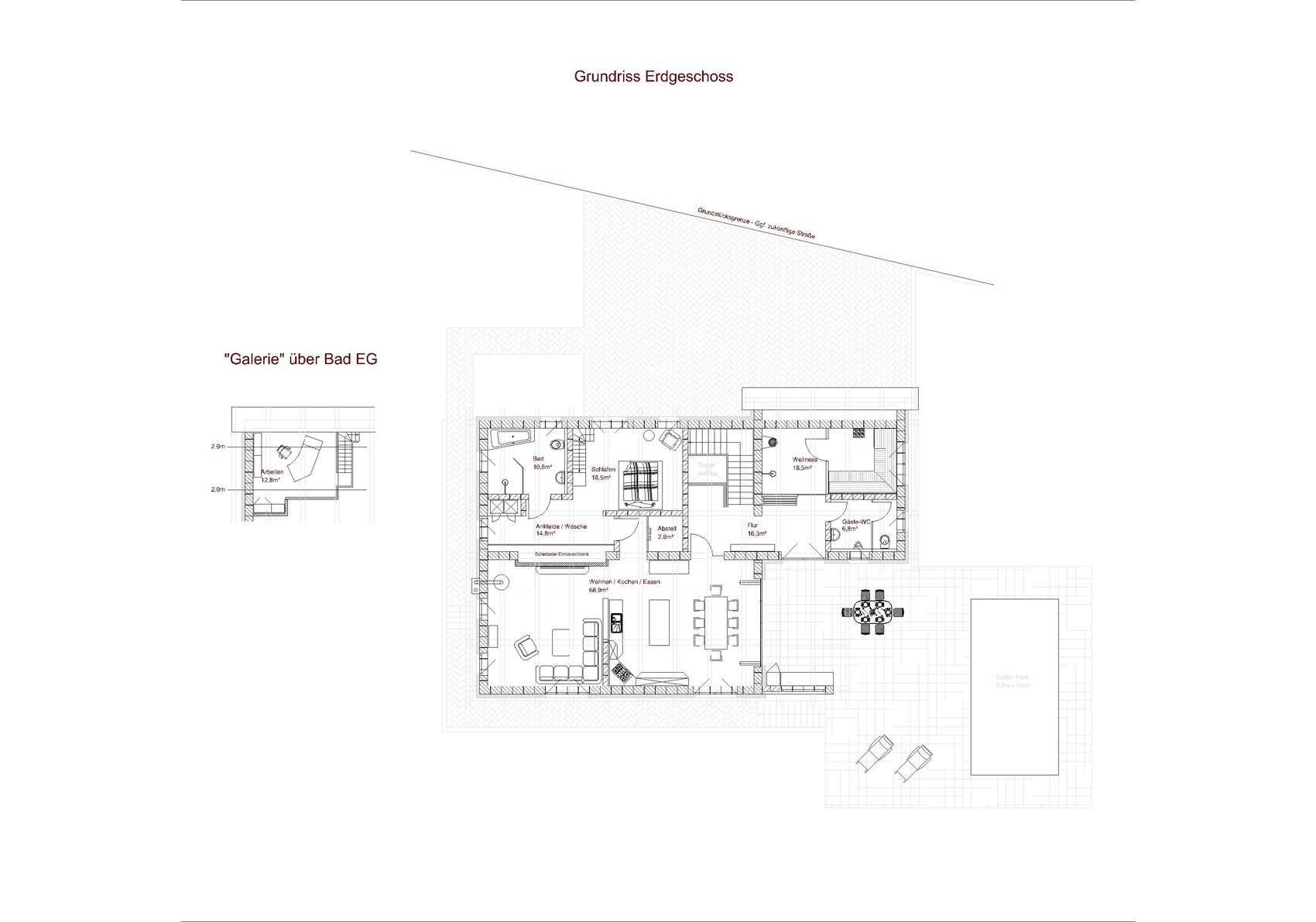 Grundriss Erdgeschoss eines Hauses mit Wohn-/Essbereich, Küche, Schlafzimmer, Bad und Terrasse.