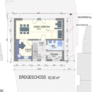 Grundriss Erdgeschoss eines Hauses mit Küche, Essbereich, Flur, Bad und Technik