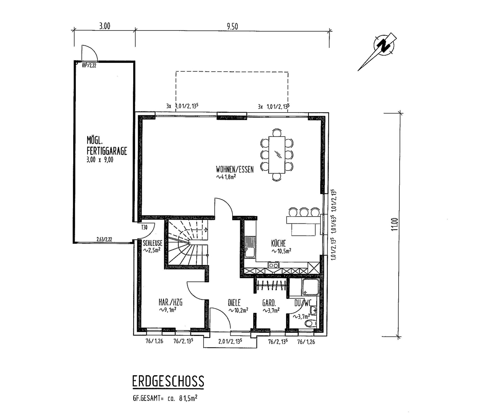 Grundriss Erdgeschoss eines Hauses mit Küche, Wohnzimmer und Diele
